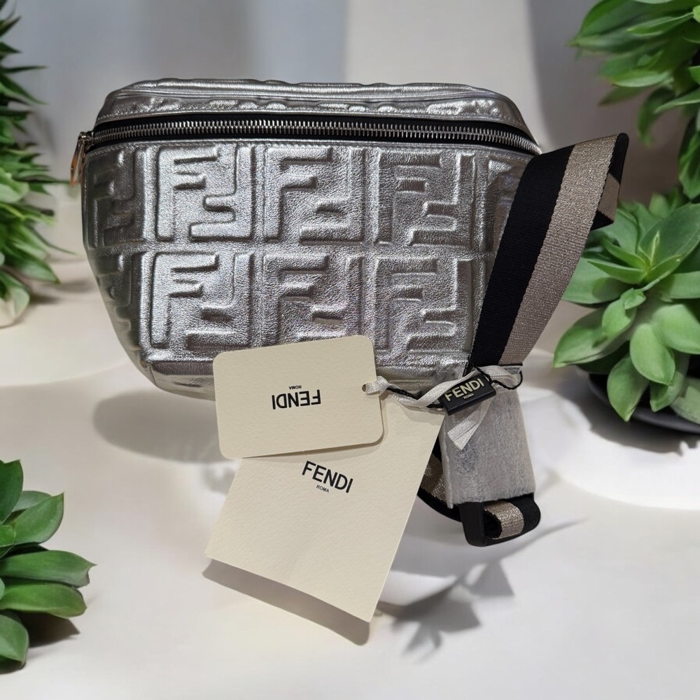 FENDI Vitello Catalan Mirror Embossed Belt Bag Argento - NWT